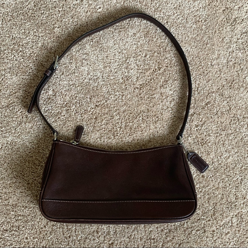 COACH Vintage Dark Brown Leather Demi Hampton Baguette Hobo Shoulder Bag Purse